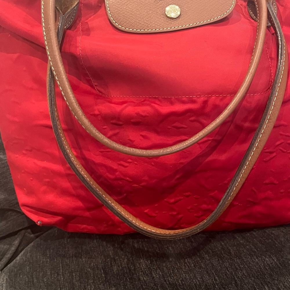 Longchamp Red Tote with Brown Handles